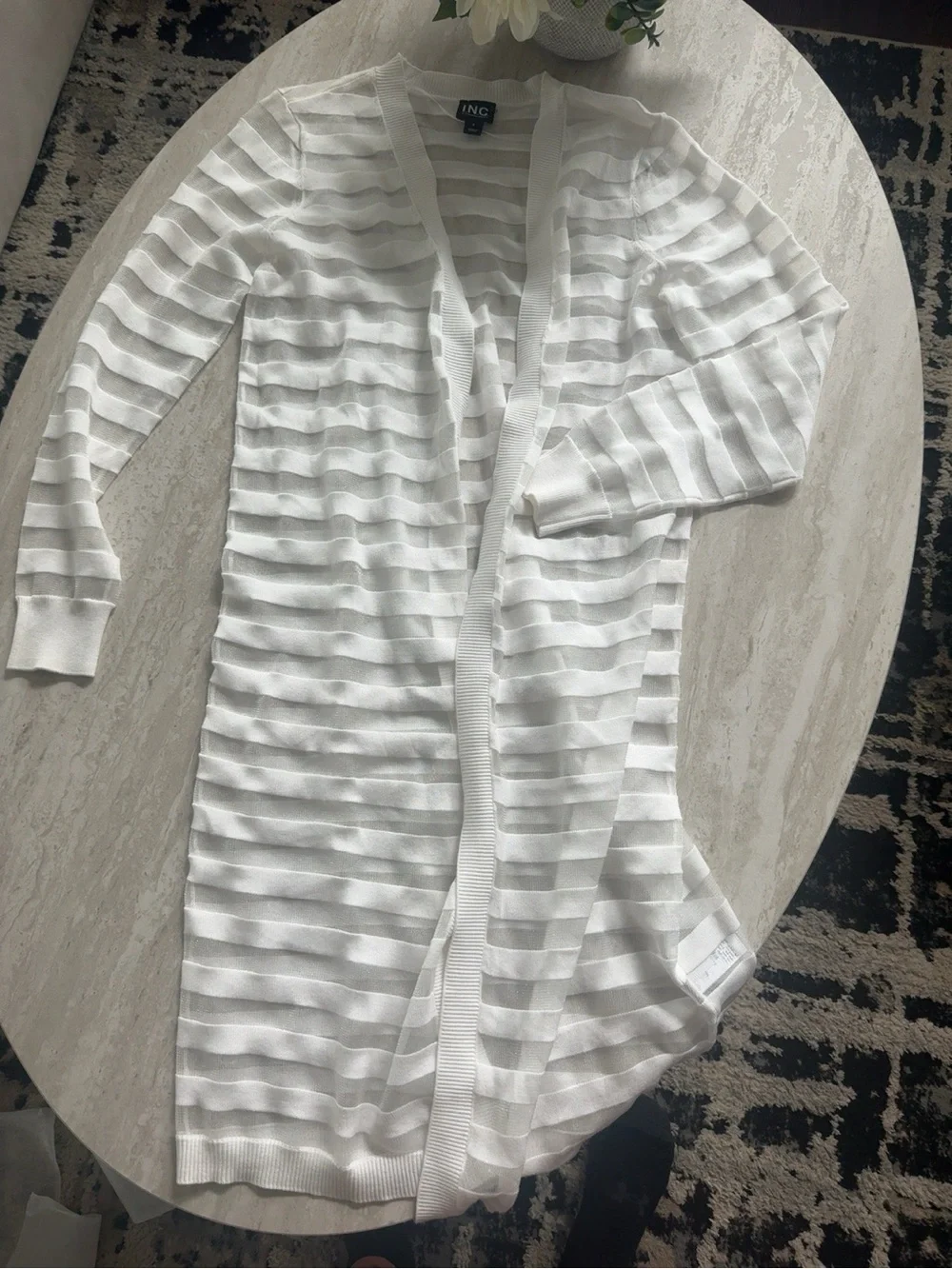 INC International Concepts White Sheer-Striped Open Cardigan